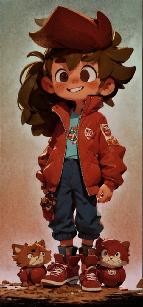 fluffly, , fluffly, cute, , A boy, maroon hair, , red jacket, shirt blue, Blue wide pants, Red sneakers, Grinning, fluffly, from sideways, standing, going, fully body, highy detailed, Cartoon.