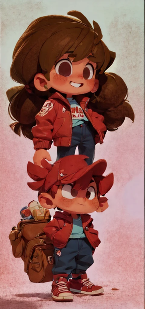 fluffly, 11 years old, fluffly, cute, , A boy, maroon hair, , red jacket, shirt blue, Blue wide pants, Red sneakers, Grinning, fluffly, from sideways, standing, going, fully body, highy detailed, Cartoon.