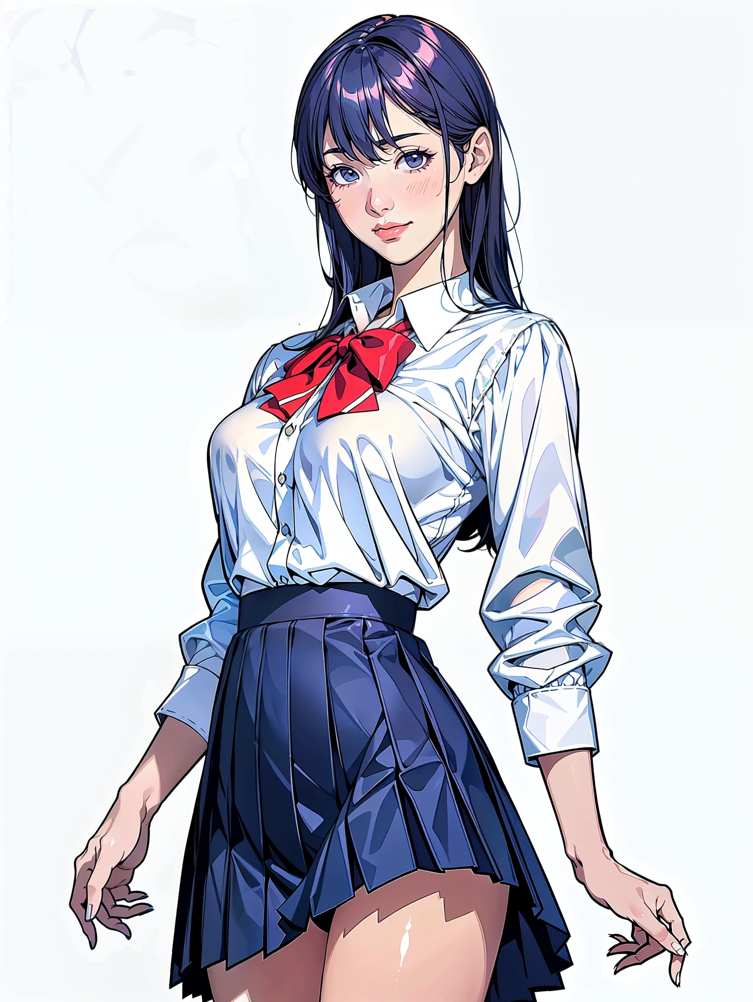 (Highest quality、Masterpiece、8K、Highest quality、Hyperrealism、Ultra HD)、(White polyester collared blouse:1.2)、rather short skirt、(Navy Pleated Skirt:1.5)、( Red bow tie on chest:1.1)、Perfect Style、Perfect body line、Large Breasts、Slender body、Perfect beautiful anime style、Smooth anime CG art、(The simplest pure white background:1.1)、standing elegantly、(Panties shot from below:1.2)、 can see her panties:1.2)、Embarrassed expression、smile