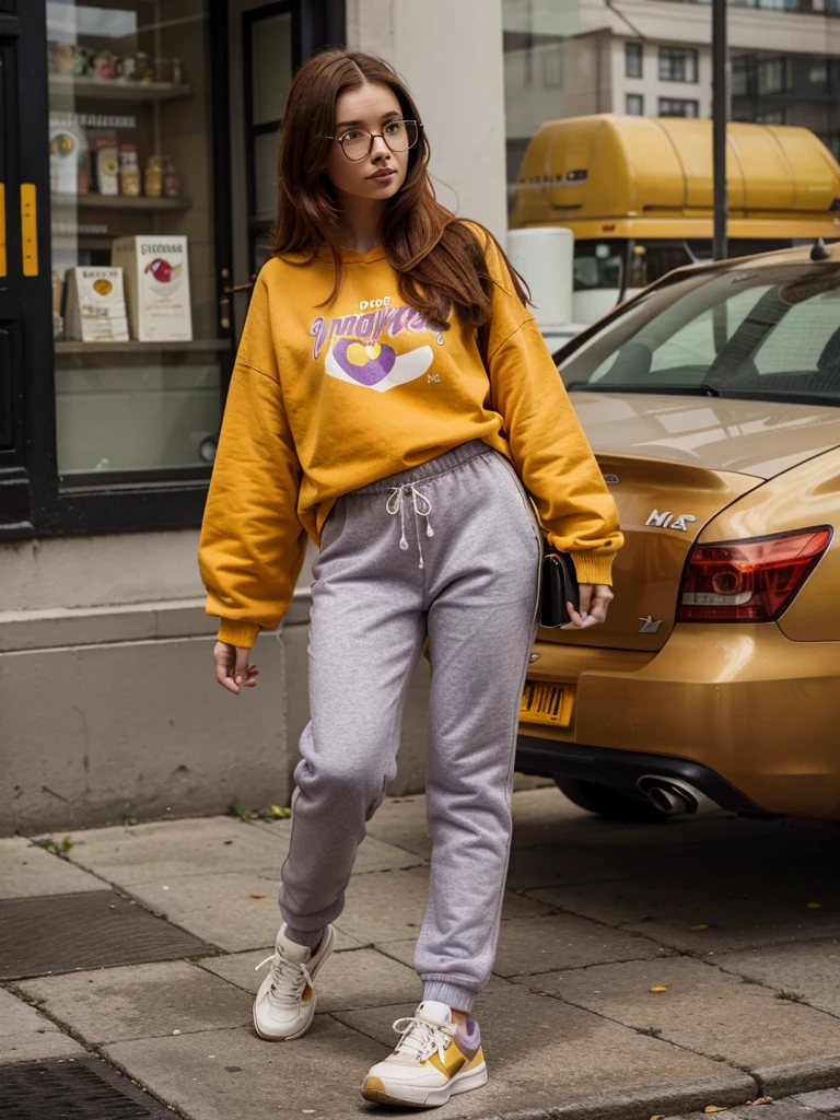 A brunette girl with dark orange hair wearing glasses, a yellow sweatshirt, gray pants and lilac sneakers, holding an apple