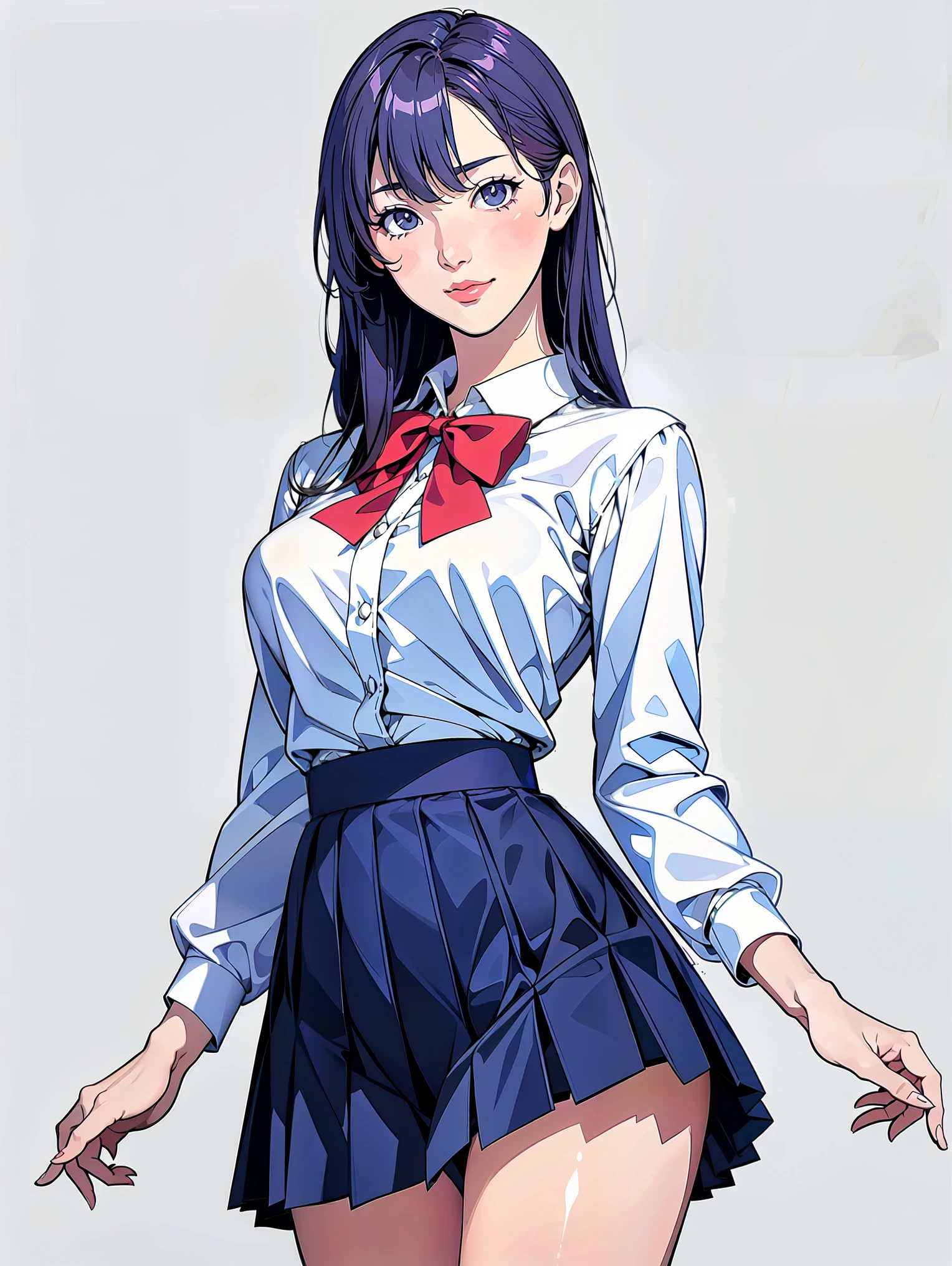 (Highest quality、Masterpiece、8K、Highest quality、Hyperrealism、Ultra HD)、(White polyester collared blouse:1.2)、rather short skirt、(Navy Pleated Skirt:1.5)、( Red bow tie on chest:1.1)、Perfect Style、Perfect body line、Large Breasts、Slender body、Perfect beautiful anime style、Smooth anime CG art、(The simplest pure white background:1.1)、standing elegantly、(Panties shot from below:1.2)、 can see her panties:1.2)、Embarrassed expression、smile
