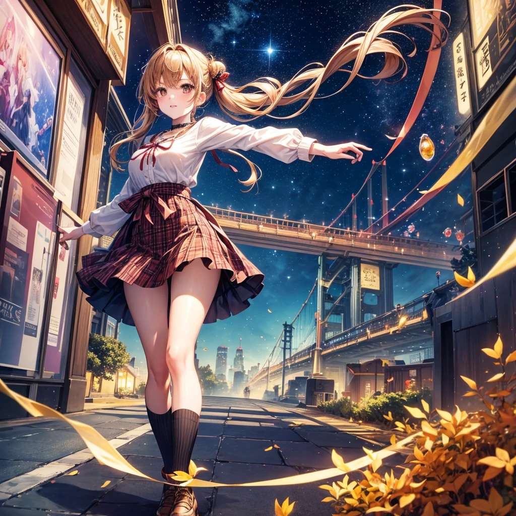 Red, brown, gold, gold hair、Golden Eyes、Hair tied up、One good looking girl、solo、anime、Checkered mini skirt、Ruffles on the skirt、Checked dress、blouse、school uniform、Black knee-high socks、Ribbon、Ribbon on waist、Teeth are visible、Sparkly Necklace、From above、Cobblestones、waterfall、Starry Sky、Midnight Moon、suspension bridge、Soap bubbles are flying、beam、Standing still、Transparent、Dragon flying、time and space、goddess、Billboard、Edo