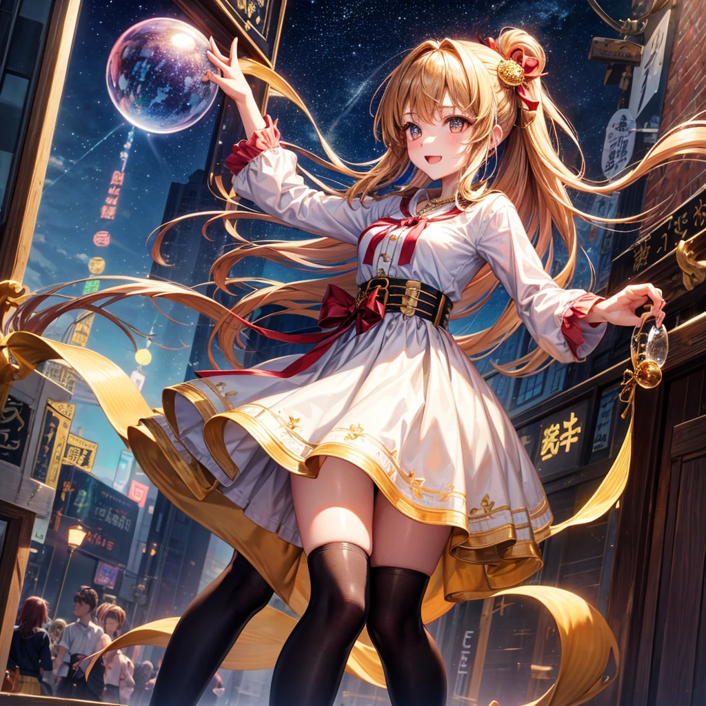 Red, brown, gold, gold hair、Golden Eyes、Hair tied up、One good looking girl、solo、anime、Checkered mini skirt、Ruffles on the skirt、Checked dress、blouse、school uniform、Black knee-high socks、Ribbon、Ribbon on waist、Teeth are visible、Sparkly Necklace、From above、Cobblestones、waterfall、Starry Sky、Midnight Moon、suspension bridge、Soap bubbles are flying、beam、Standing still、Transparent、Dragon flying、time and space、goddess、Billboard、Edo