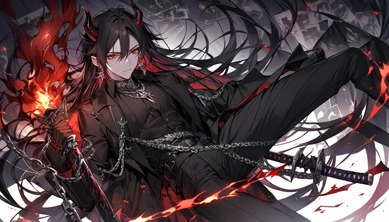 alone, good looking, 1 male, Long hair, Middle parted, Black hair, Red eyes, Black shirt, White Thailand, Black Trench Coat, Royal Silver Jewellery, Royal Demon Earrings, Black horns, Demon Crown, Demonic Katana, Chain, On Back, Demonic Black flames Aura, vtuber Character Design sheet