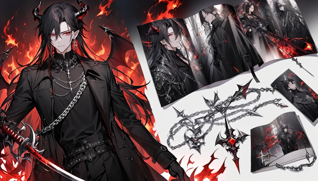 alone, good looking, 1 male, Long hair, Middle parted, Black hair, Red eyes, Black shirt, White Thailand, Black Trench Coat, Royal Silver Jewellery, Royal Demon Earrings, Black horns, Demon Crown, Demonic Katana, Chain, On Back, Demonic Black flames Aura, vtuber Character Design sheet