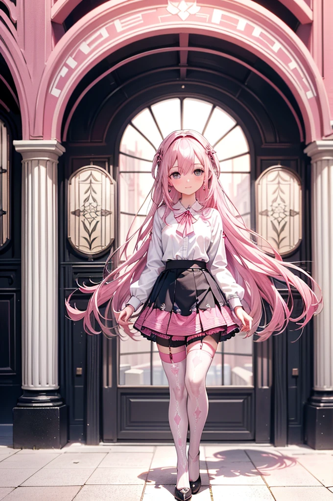 ((Biologically correct limb count)),(( From head to toe,Full-body photo including face)),4K,((Standing position)),masterpiece,((Focus on the face)),((Symmetrical facial features)),Eyes with detailed description,Beautiful woman,Great style,Beautiful arms,Beautiful legs,Beautiful Hands,(Small Ass,Thin thighs),Facial detailing,Small earrings,necklace,(Rubber Y-shirt,mini skirt((High heels,Patterned stockings))),((Meet at the station)),Silk gloves,(((Pink silver hair))),Realistic photo