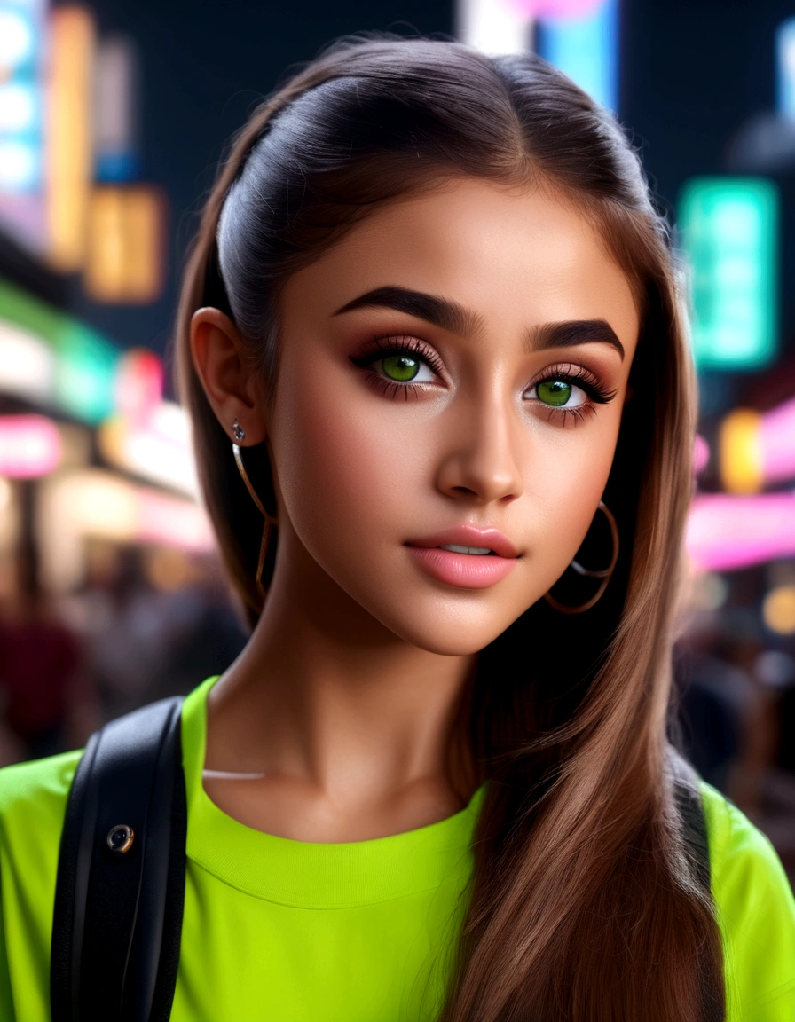 ariana grande, beautiful detailed eyes, beautiful detailed lips, extremely detailed eyes and face, long eyelashes, neon green rave outfit, walking on street at night in bangkok, crowded street, light rain, friendly and flirtatious expression, photorealistic, 8k, (best quality,4k,8k,highres,masterpiece:1.2),ultra-detailed,(realistic,photorealistic,photo-realistic:1.37),HDR,UHD,studio lighting,ultra-fine painting,sharp focus,physically-based rendering,extreme detail description,professional,vivid colors,bokeh