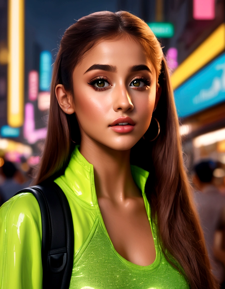 ariana grande, beautiful detailed eyes, beautiful detailed lips, extremely detailed eyes and face, long eyelashes, neon green rave outfit, walking on street at night in bangkok, crowded street, light rain, friendly and flirtatious expression, photorealistic, 8k, (best quality,4k,8k,highres,masterpiece:1.2),ultra-detailed,(realistic,photorealistic,photo-realistic:1.37),HDR,UHD,studio lighting,ultra-fine painting,sharp focus,physically-based rendering,extreme detail description,professional,vivid colors,bokeh