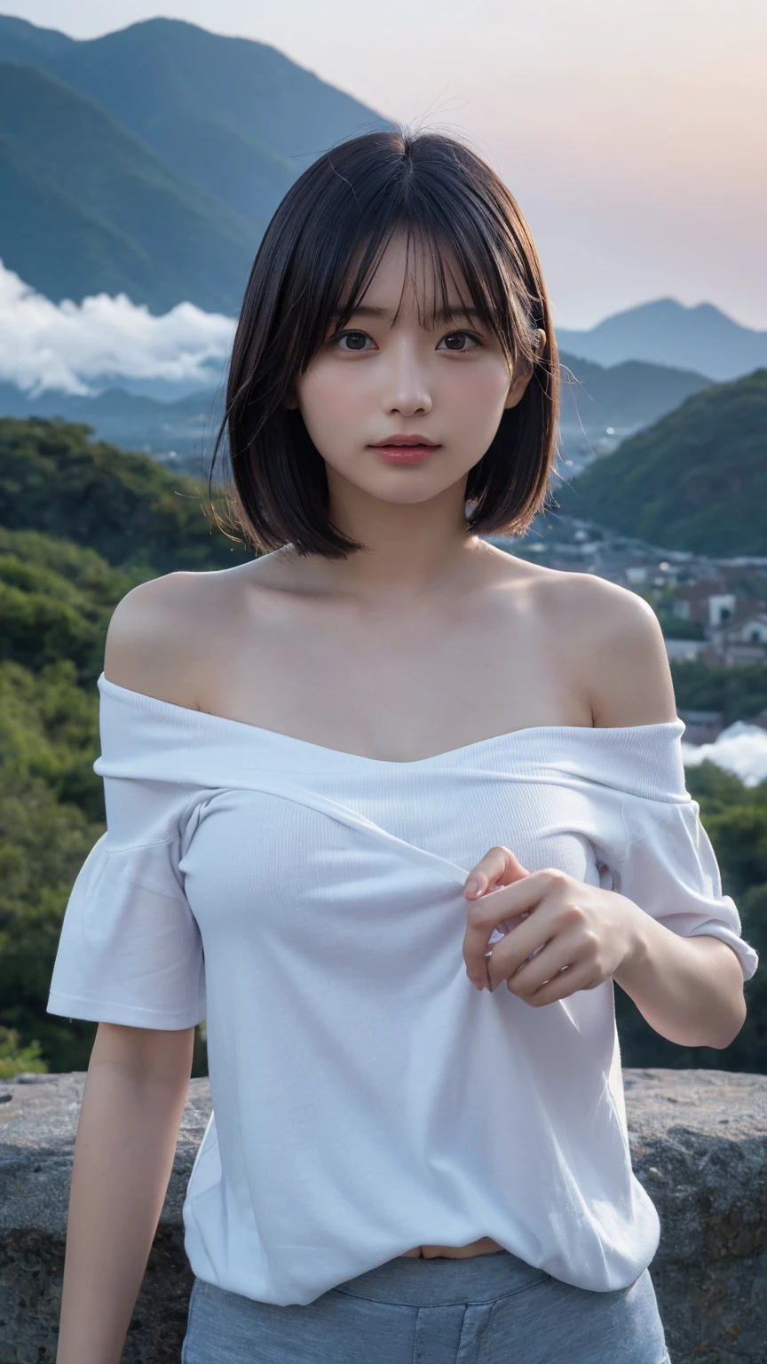 Highest quality, masterpiece, Ultra-high resolution, (Realistic:1.3), RAW Photos, (Nature landscape photography), (Majestic Mountain々The summit of the, sea of clouds), (On top of a very large mountain), (sunset), (One Girl), (Upper Body), (20-year-old), (smile:0.9), (Shiny skin), (short hair, Dark brown hair), (A loose white see-through T-shirt), (Tight casual super short pants),(Off the shoulder)、 (Ultra detailed face), (Nipple erection:1.2), (Highly detailed eyes), (Highly detailed nose), (Highly detailed mouth), (Very skilled hands), (Super-detailed body), Sony a7, 85mm lens, f9.0, Pan Focus
、High-quality lace panties available、(Face the camera with your body facing forward、Face to face:1.3)、slouch、doggystyle、