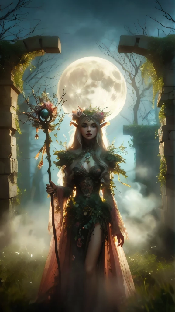 Full moon made for me; what reason falls the day? It's beauty, not often seen, when evening comes, and clouds line the way. In a dappled, ancient forest ruin, an Elf Princess stands tall, medium shot, full body shown, her scepter raised high, smoke atmospheric particles, sparkling flower and vine costume, ultra beautiful stern Forest Elfin Princess walking straight towards camera looking at the viewer with a penetrating loving gaze, very large eyes, ultra-high detail, perfect anatomical hands four fingers and a thumb, dynamic pose, forest background, covered in flowers and vines, Masterpiece, best quality, (zentangle, mandala, tangle, entangle), (fractal art:1.3) , 1girl, extremely detailed, lace, dynamic angle, thick oil on canvas art style, in the style of Rembrandt,