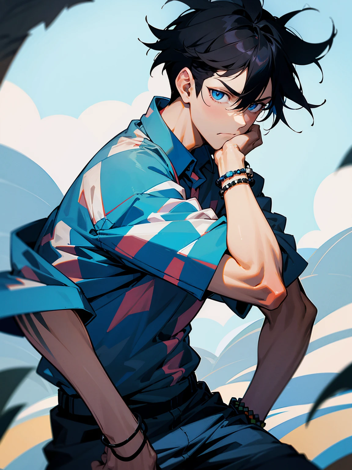 1male, black hair, messy hair, undercut hair, sky blue eyes, checkered hawaiian shirt, bracelets, black sweatpants serious expression