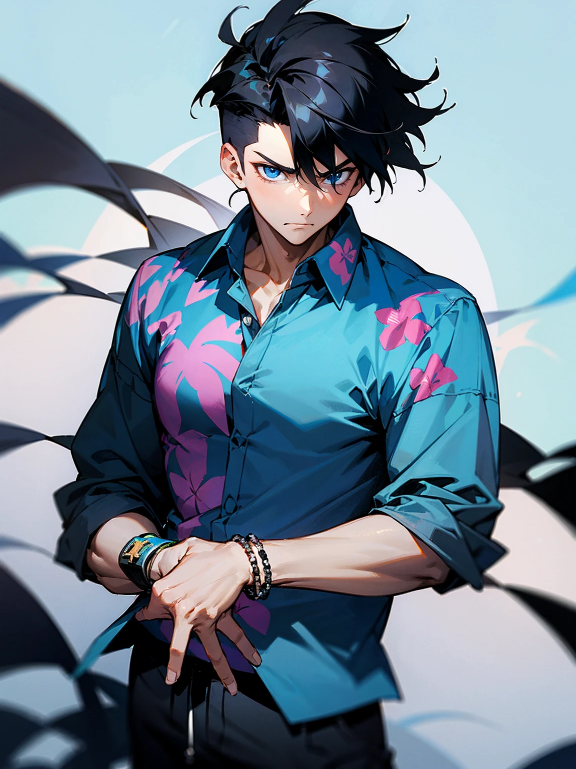 1male, black hair, messy hair, undercut hair, sky blue eyes, checkered hawaiian shirt, bracelets, black sweatpants serious expression