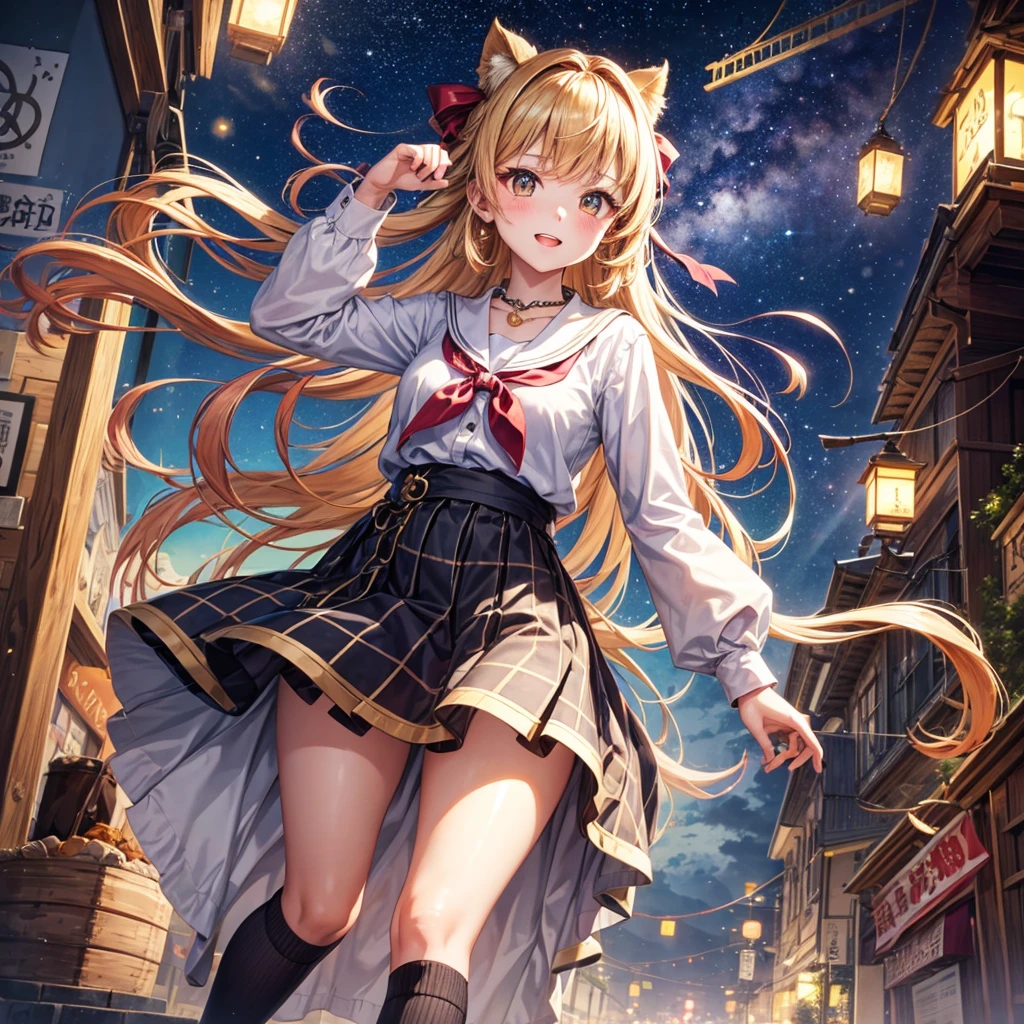 Red, brown, gold, gold hair、Golden Eyes、Hair tied up、One good looking girl、solo、anime、Checkered mini skirt、Ruffles on the skirt、Checked dress、blouse、school uniform、Black knee-high socks、Ribbon、Ribbon on waist、Teeth are visible、Sparkly Necklace、From above、Cobblestones、waterfall、Starry Sky、Midnight Moon、suspension bridge、Soap bubbles are flying、beam、Standing still、Transparent、Dragon flying、time and space、goddess、Billboard、Edo