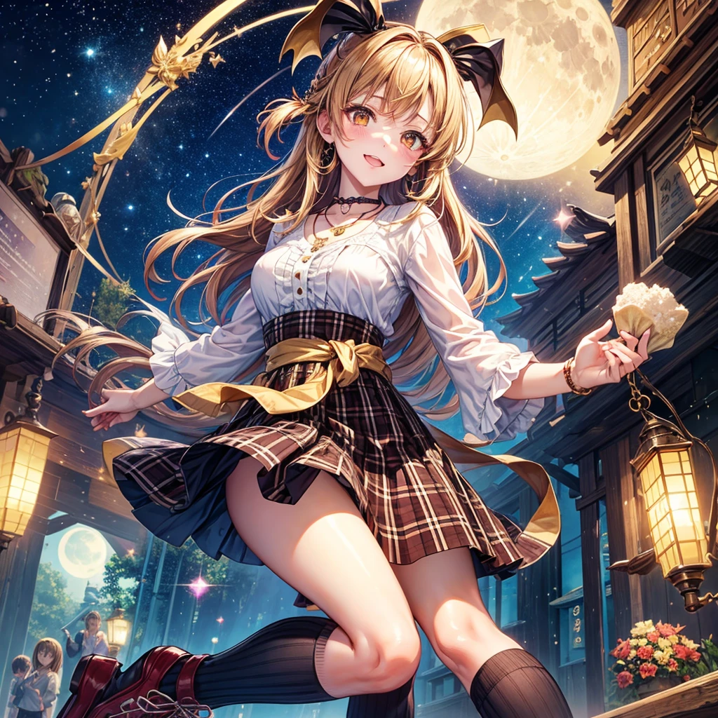 Red, brown, gold, gold hair、Golden Eyes、Hair tied up、One good looking girl、solo、anime、Checkered mini skirt、Ruffles on the skirt、Checked dress、blouse、school uniform、Black knee-high socks、Ribbon、Ribbon on waist、Teeth are visible、Sparkly Necklace、From above、Cobblestones、waterfall、Starry Sky、Midnight Moon、suspension bridge、Soap bubbles are flying、beam、Standing still、Transparent、Dragon flying、time and space、goddess、Billboard、Edo