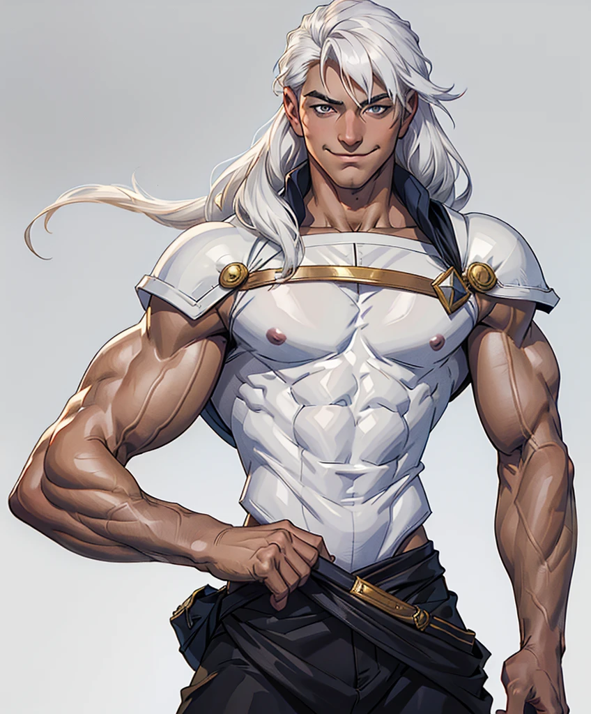 (((Luxurious shoulder-length white hair, dark complexion, and sexy smirk.))) (((18 years old.))) (((18yo.))) (((Cute smirk.))) (((Single character image.))) (((1boy))) Design a cute, handsome, male adventurer for a fantasy setting. He is shy but a heartbreaker. He has great hair, a handsome face and a sexy body. The background is a medieval style port town. He is considered sexually attractive.