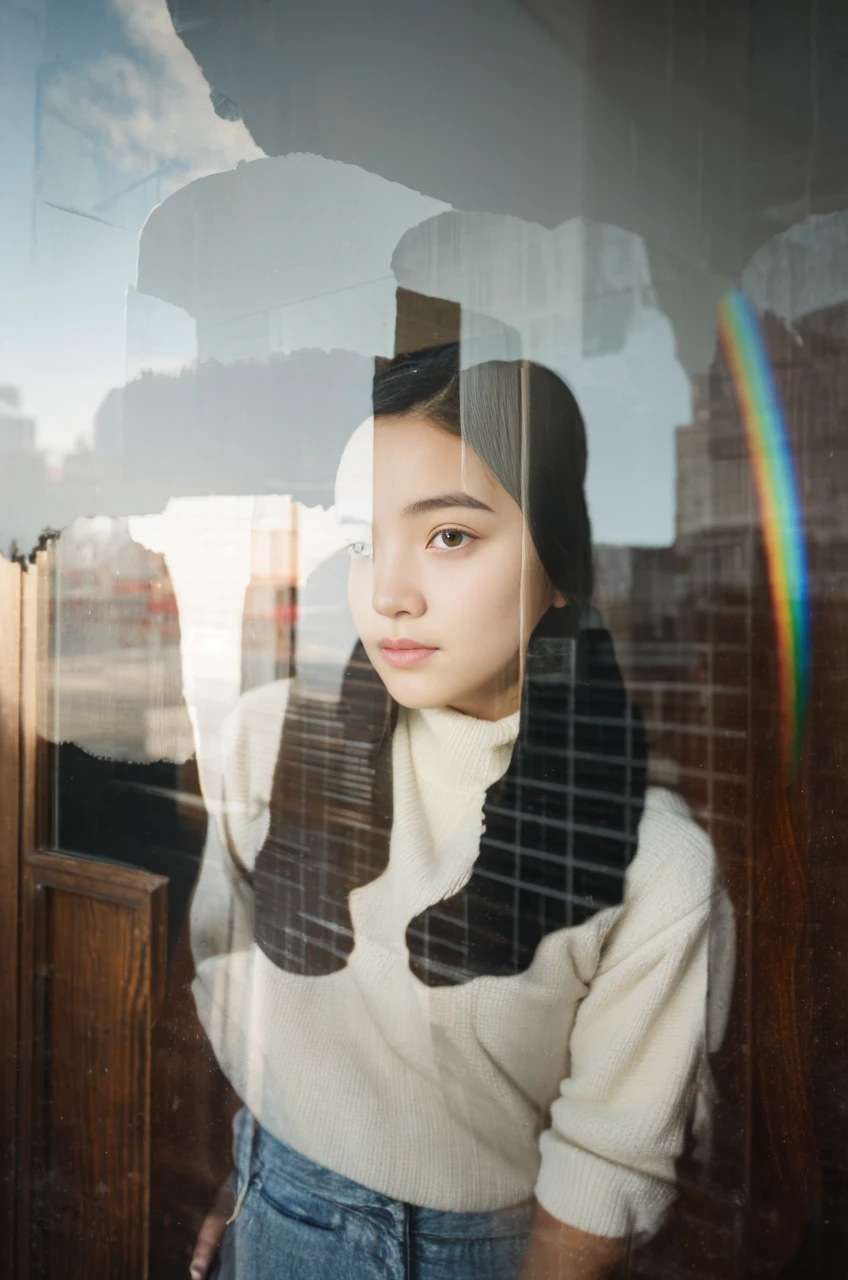 A girl standing behind a window, looking through the window