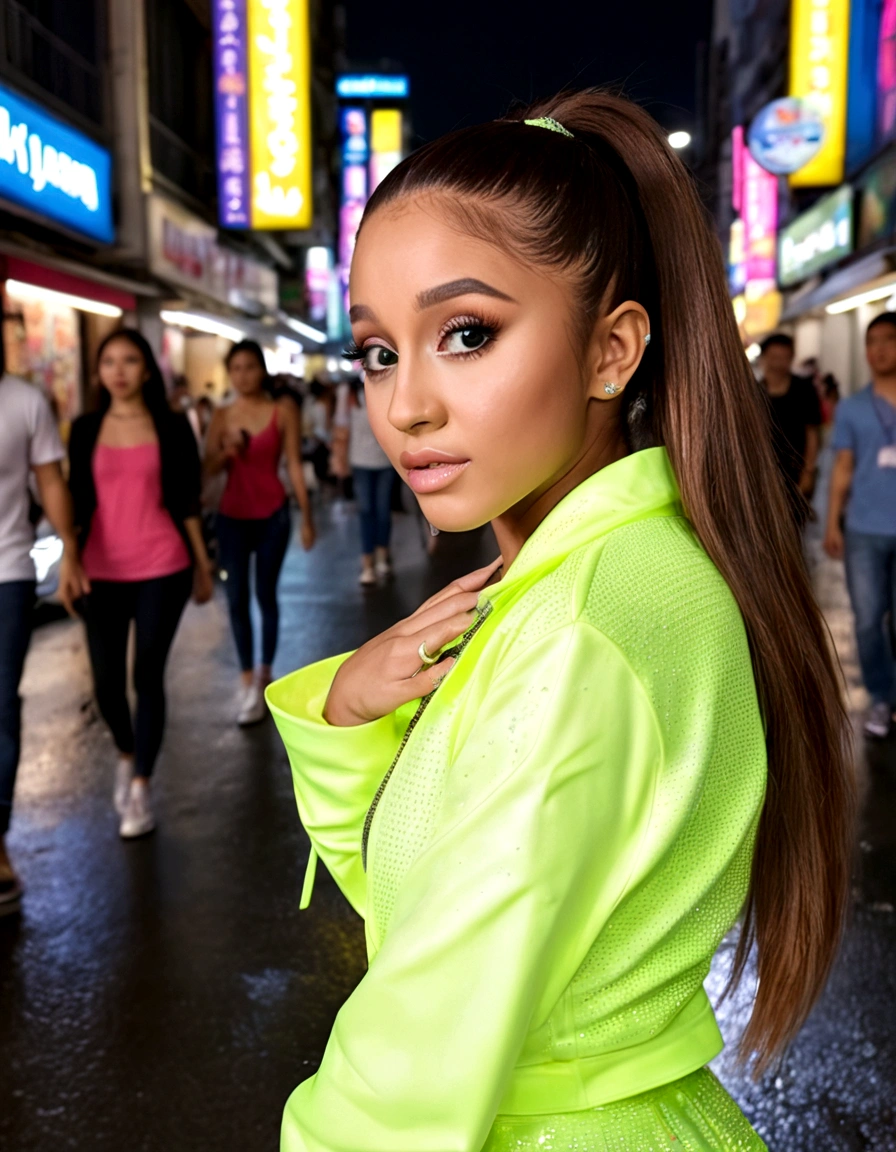 Ariana Grande (age 25,neon green rave outfit) is walking the streets of Bangkok at night. She is friendly and flirtatious. Crowded street. Light rain