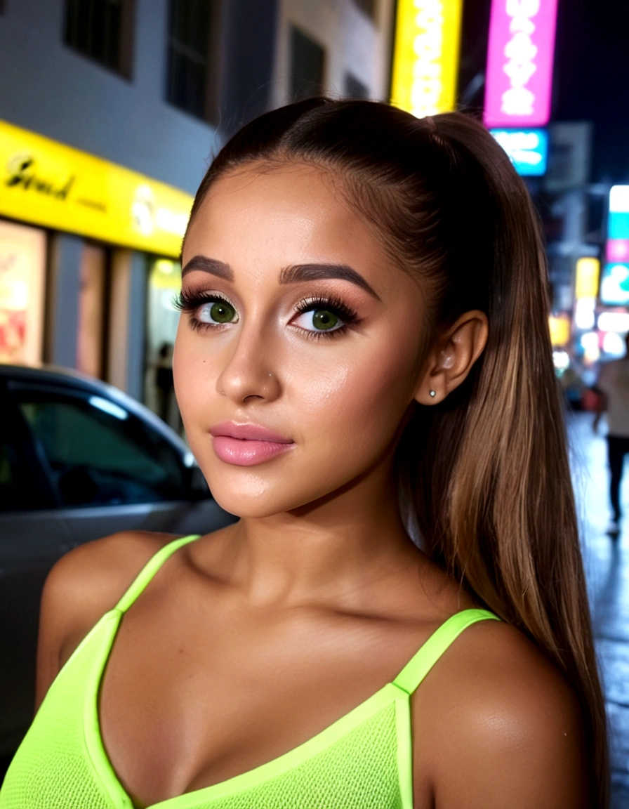 ariana grande, beautiful detailed eyes, beautiful detailed lips, extremely detailed eyes and face, long eyelashes, neon green rave outfit, walking on street at night in bangkok, crowded street, light rain, friendly and flirtatious expression, photorealistic, 8k, (best quality,4k,8k,highres,masterpiece:1.2),ultra-detailed,(realistic,photorealistic,photo-realistic:1.37),HDR,UHD,studio lighting,ultra-fine painting,sharp focus,physically-based rendering,extreme detail description,professional,vivid colors,bokeh