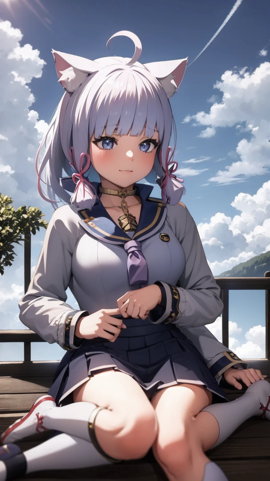 ((masterpiece, best quality)),a girl, solo, skirt, sky, sitting, thigh high socks, serafuku, cloud,outdoors ,day, bangs, fence, shirt, ahoge, rooftop, long hair, white thigh high socks,long hair, long white hair, white hair, white sailor collar,blue eyes, sailor collar, navy blue skirt, red neckerchief, white serafuku, animal ears, animal tail, no human ears, blue sky,white shirt, looking at viewer, closed mouth,cat ears, navy blue skirt, cloudy sky, pleated,no shoes,full body,landscape, aircraft carrier, katana, katana left hip, short girl, navy blue skirt, school shoes,