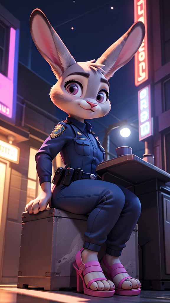 Furry female anthro, full body, 8k, film, masterpiece quality, semi realistic, high detail, big ass, short skinny police uniform, pink sandals, judy hopps, it's sitting,(best quality), 3d pixar style, side 1 female