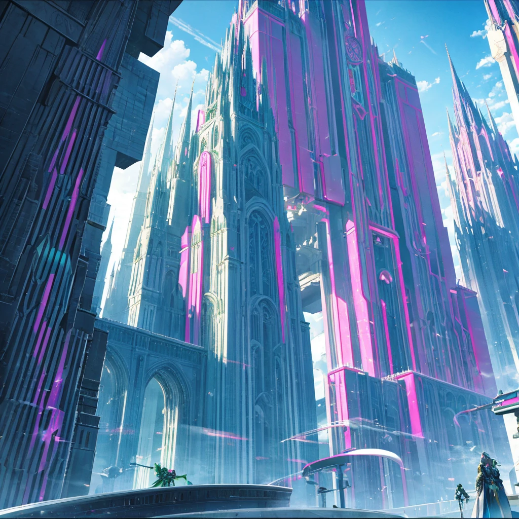 Create a landscape of a futuristic city made of glass with gothic architecture. In the background, a green sky with pink clouds and snowy mountains. The entire city is built entirely of glass and precious stones of various colors.. The city displays highly advanced technology. In the middle, a huge palace of giant crystals and polished white marble in a Gothic style. The city is decorated with waving red flags, purple, green and blue.