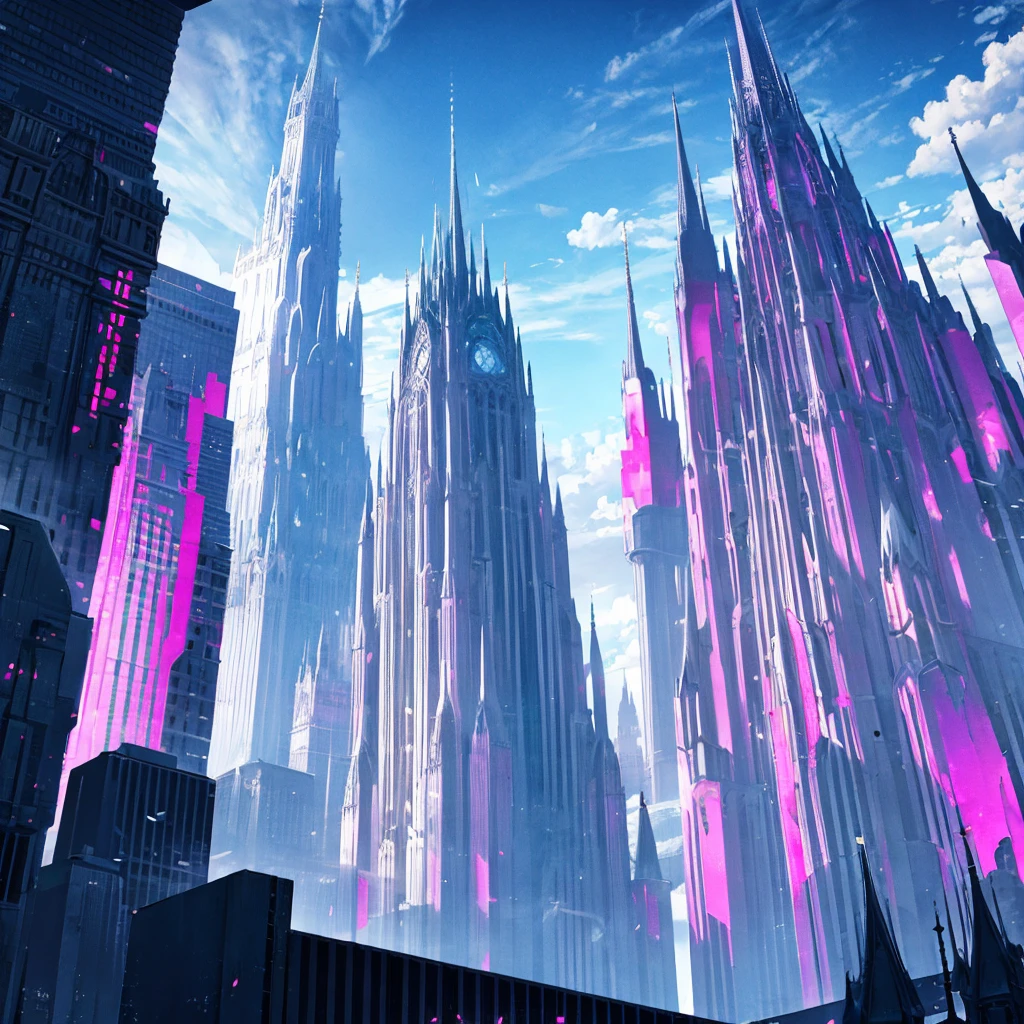 Create a landscape of a futuristic city made of glass with gothic architecture. In the background, a green sky with pink clouds and snowy mountains. The entire city is built entirely of glass and precious stones of various colors.. The city displays highly advanced technology. In the middle, a huge palace of giant crystals and polished white marble in a Gothic style. The city is decorated with waving red flags, purple, green and blue.
