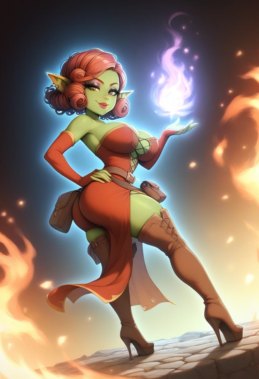 Girl, goblin girl, goblin, green skin, short, short stature, short hair, red hair, curly hair, large breasts, long gloves, thigh boots, pouty lips, masterpiece, best quality, sexy, dynamic pose, 8k, shortstack, sfw, shiny, fantasy, dungeons and dragons, high heels,  fishnets, holding, dark green skin, adventurer, slutty pose, sorcerer, sorceress, pyromancer, fire and ice, magic, fire and ice magic, long detailed slutty colorful dress, thigh pouch, very curly hair, lots of belts, curly hairstyle, lipstick, rosy cheeks, smile, eyeshadow, eye liner, belt on hip, magic, magic dress, bubble butt