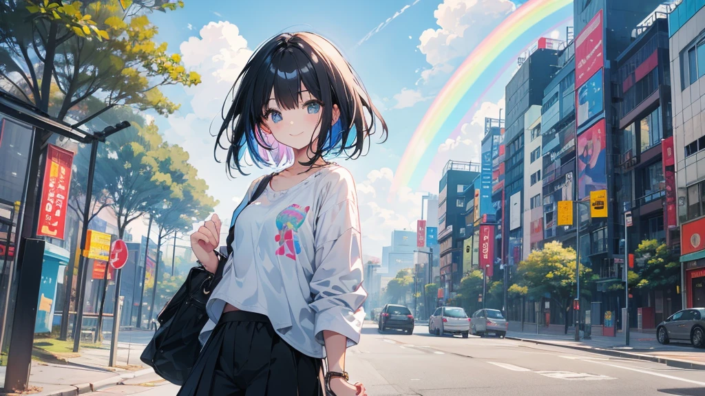 There is a girl in a park with a rainbow。Looking at me and smiling