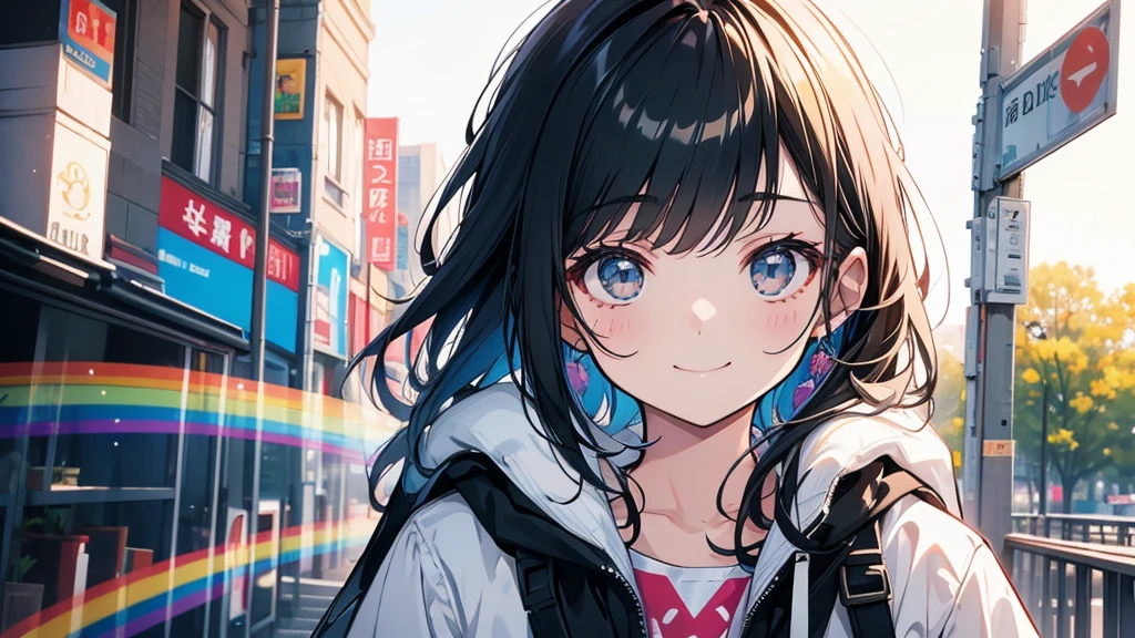 There is a girl in a park with a rainbow。Looking at me and smiling
