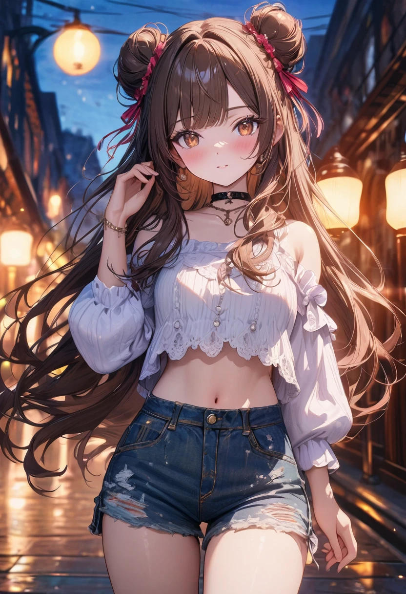 (masterpiece), best quality, very aesthetic, newest, absurdres, detailed, high quality
BREAK
highest quality, top quality, details, highres, ultra fine painting, digital art, official art, cinematic, 4k, 8k resolution, 8K CG wallpaper, CG, original artwork, detailed background, colorful background, blue atmosphere, High Dynamic Range, blurry background, blue hour, Starburst effects, crepuscular rays, good ISO, high resolution, wide shot, from far away, RAW photo, POV, sharp focus, light reflection, reflections, intricate details, soft light, particle noise, professional photography, bokeh, depth of field, natural lighting, vibrant colors, looking away, detailed lights and shadows, stylish, ultra-detailed, top rated on Pixiv, trending on Artstation, niji style, modern-days, master crafted, pose
BREAK
solo, close up, 1girl, pale skin, correct fingers, detailed hand, (breasts:1.2), big thighs, small torso, short body, flushtered, blush, anxious expression, embarassed, embarassed act, casual, slim, ((cute, childlike face):1.3), nice hips, nice body, brown hair, (very long flowing hair), (big 2 buns hairstyle)), long bangs, long hair, middle hair bangs, brown eyes
BREAK
(loose-fitting crop shirt, long sleeve, denim shorts, choker, casual wear style, modest, tummy skin, modern fashion) 
BREAK
Empty streets background, anime background, quiet street, street lamps, sky