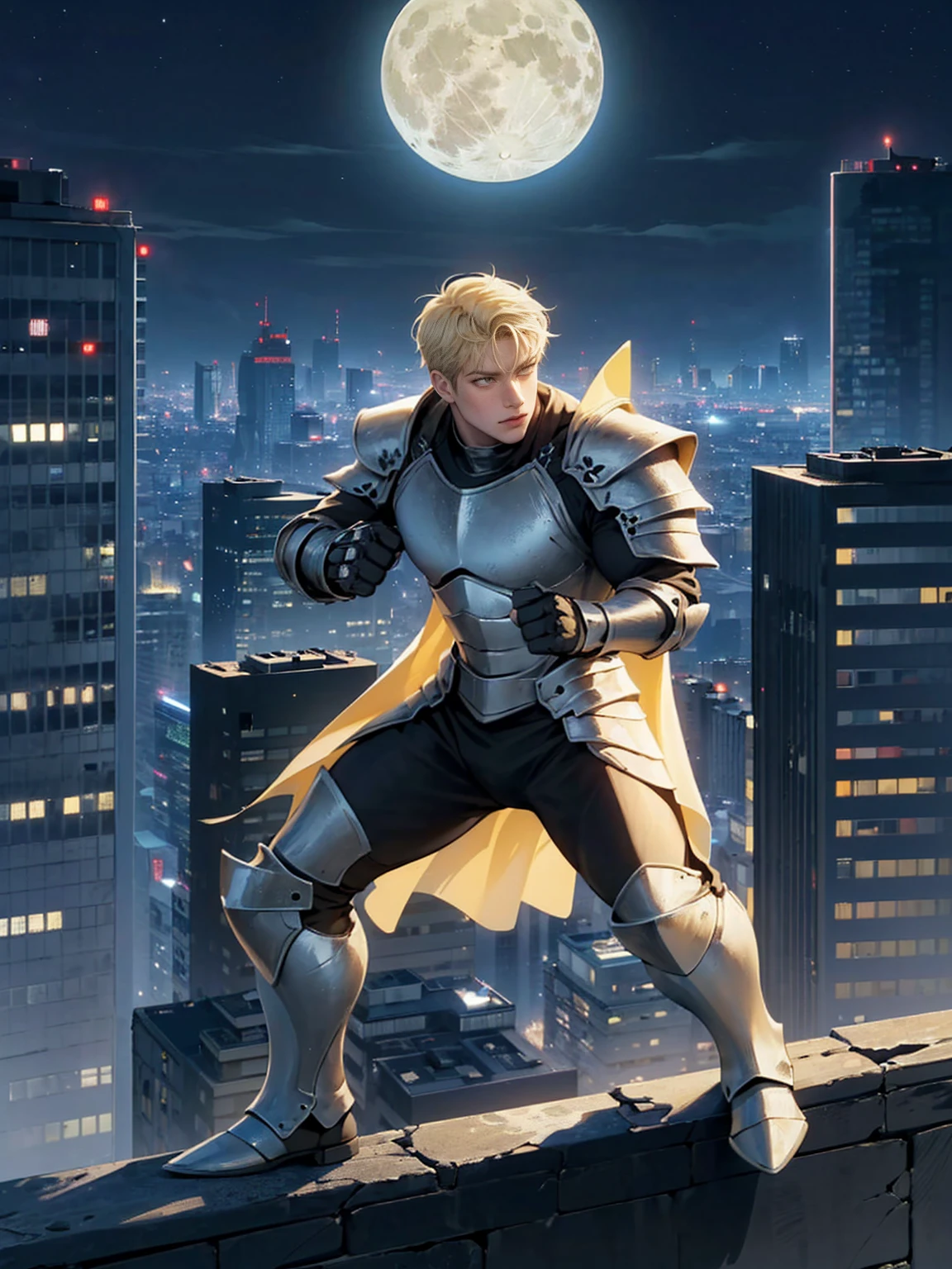 (masterpiece, 4K resolution, Surreal, Very detailed), (Knight theme, Charming, There was a boy at the top of the city, Knight in silver armor, He's a superhero), [ ((20 years), (Blonde short hair:1.2), whole body, (Yellow eyes:1.2), ((Fighting Stance),demonstration of strength), ((Sandy urban environment):0.8)| (city View, night, Dynamic Lighting), (Full Moon))