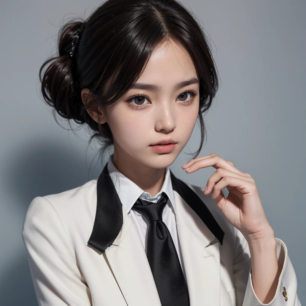 yearbook photo of one girl with shoulder length short brown hair,with a mature face, wearing white with black blazer and black tie,holding the tie and very pretty, with plain background, bust shot