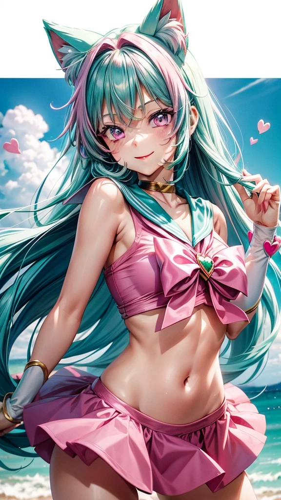 (( pink teal green hair color)), pink eyes,sexy woman, cat ears, hearts, floating hearts, face only, long hair, smiling, hair ornament, up close face, closed mouth smile, up closeface, hair bows, sexy body, sailor scout