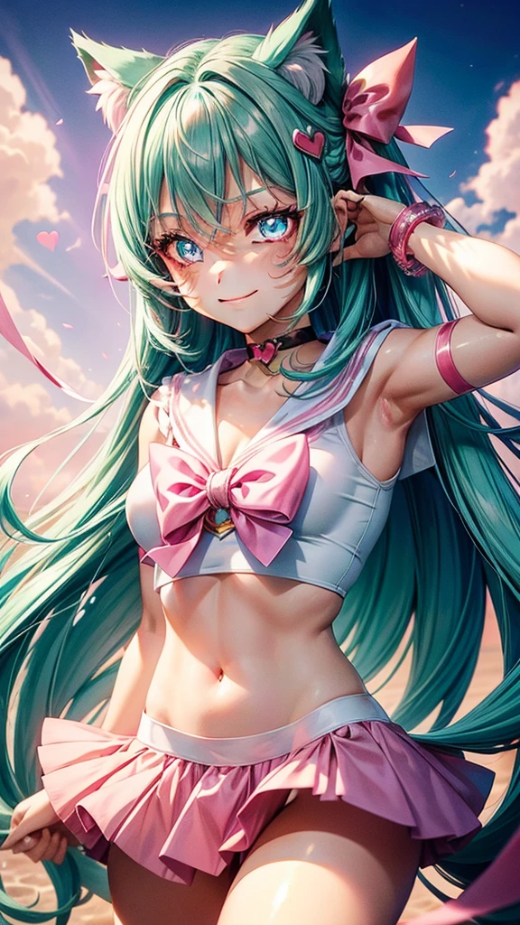 (( pink teal green hair color)), pink eyes,sexy woman, cat ears, hearts, floating hearts, face only, long hair, smiling, hair ornament, up close face, closed mouth smile, up closeface, hair bows, sexy body, sailor scout