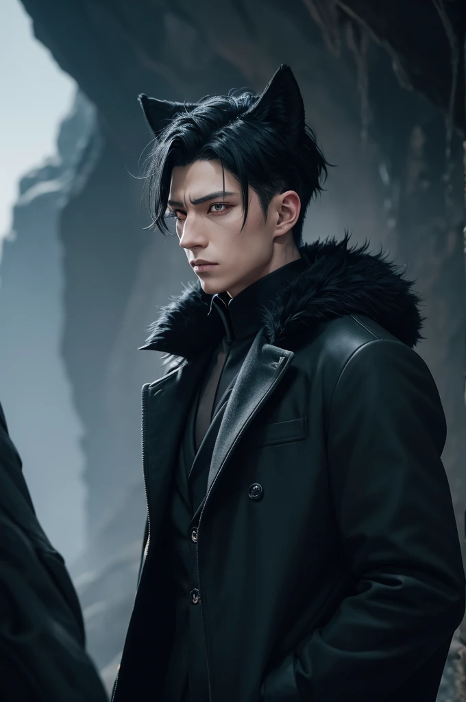 man with black wolf ears, black fur,Bblack hair ,one eye dark green and the other black.black leagwear ,black greatcoat, cord with a crystal.styled: anime jujutsu Kaisen. icy cave background