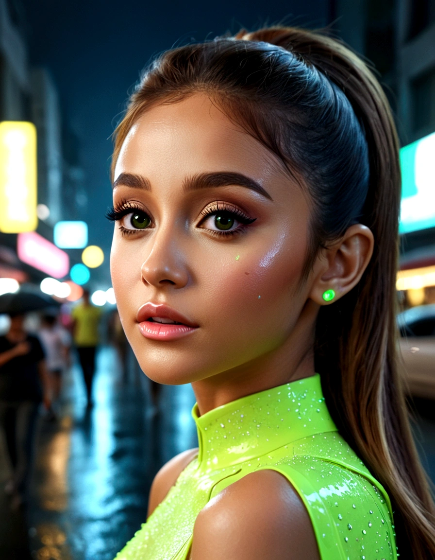 ariana grande, beautiful detailed eyes, beautiful detailed lips, extremely detailed eyes and face, long eyelashes, neon green rave outfit, walking on street at night in bangkok, crowded street, light rain, friendly and flirtatious expression, photorealistic, 8k, (best quality,4k,8k,highres,masterpiece:1.2),ultra-detailed,(realistic,photorealistic,photo-realistic:1.37),HDR,UHD,studio lighting,ultra-fine painting,sharp focus,physically-based rendering,extreme detail description,professional,vivid colors,bokeh