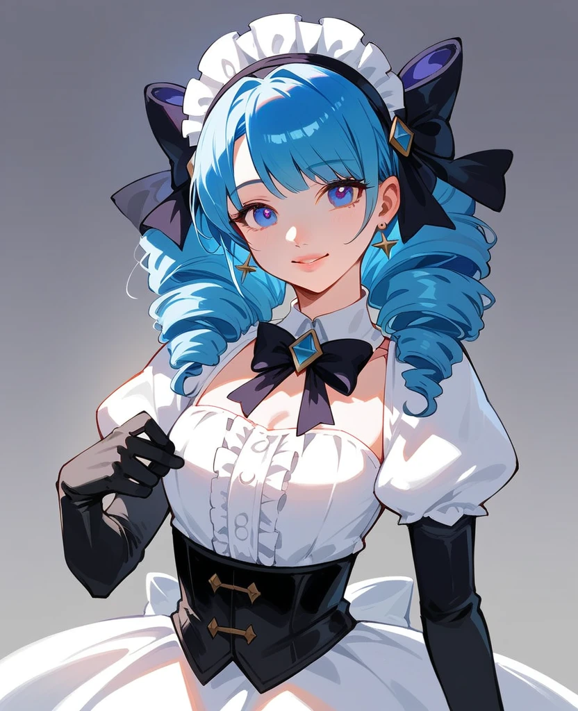 Korean,Realistic, masterpiece, Final details, photo Realistic, Exquisite detail, Octane Rendering, 8K, One girl, Perfect face, Beautiful Face, nswf Japanese, Trough Reference, Hair Details,, black bow, black gloves, Black Legs, blue eyes, Blue Hair, bow, clavicle, dress, Drill Hair, Frills, Frills, gloves, Gwen, headdress, High resolution, Long Hair, Part your lips, Puffy sleeves, Purple eyes, smile, alone, white dress, Oilskin,