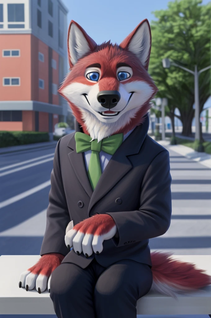 Ivan Wolfbach (сотрудник Аэропорта Domodedovo),high,Beautiful,slim,24 years,wolf, red fur,high Beautiful wolf, 24 years,(red body:1,3),beautiful blue eyes,Domodedovo, Russia, Аэропорт Domodedovo,gray shirt, green bow tie, black trousers,Dog, wolf, detailed fur, a male, antro, paw pads, finger claws, per viewer, 5 fingers, paws, 5 fingers, day, digital photography, soft focus, Good mood на приеме,sitting in the dentist's office, Photorealism, realistic , Photorealism, digital style, from close walks around the city, Very close to the camera, digital photography, positive smile, Good, mood, green tie, dental treatment in hospital, they don&#39;t see well, pilot patch, 4 yellow stripes on sleeves, 
masterpiece, Best quality, ultra realistic, 8 k)