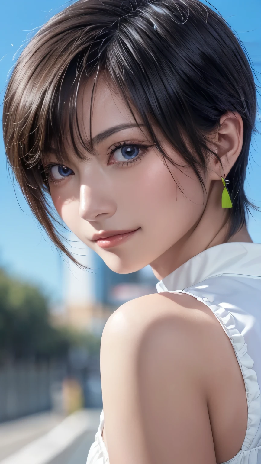 resolution,Sharp focus、(Super detailed,Very detailed)、(Photorealistic artwork:1.37)、(Very detailed CG unity 8k wallpaper)、(((Vibrant colors,Vibrant Themes)))、(Complex)、(masterpiece)、(Highest quality)、Artistic photography、(Photography by sldr)、(Complex background)、perfectly rendered face、Perfect facial details、Realistic Face、((Complex detail)),(((realism))),フォトrealism ]!!!、Smooth anime CG art、アニメrealism、3D Anime Real(masterpiece、Premium Quality:1.2)、Photo of a boy、Beautiful Boy、Black-haired boy、Boy with medium short hair、A boy with short hair covering his ears、Japan Boy、Cute boy、16-year-old boy、Slim boy、Slender boy、Neutral boy、Femboy、A boy with feminine, soft body lines、A boy with a slender body、shiny and smooth skin、((Flat Chest 1.5))、A boy who looks like Gamon Kawai、(Race Queen Costume: 1.2)、Bloomers、Watching the audience、Stick your butt out、deep navel、choker、smile