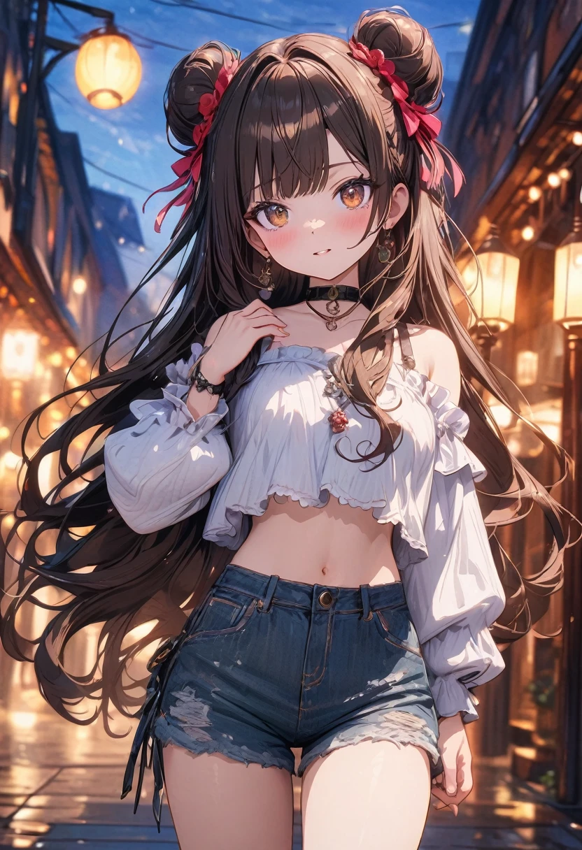 (masterpiece), best quality, very aesthetic, newest, absurdres, detailed, high quality
BREAK
highest quality, top quality, details, highres, ultra fine painting, digital art, official art, cinematic, 4k, 8k resolution, 8K CG wallpaper, CG, original artwork, detailed background, colorful background, blue atmosphere, High Dynamic Range, blurry background, blue hour, Starburst effects, crepuscular rays, good ISO, high resolution, wide shot, from far away, RAW photo, POV, sharp focus, light reflection, reflections, intricate details, soft light, particle noise, professional photography, bokeh, depth of field, natural lighting, vibrant colors, looking away, detailed lights and shadows, stylish, ultra-detailed, top rated on Pixiv, trending on Artstation, niji style, modern-days, master crafted, pose
BREAK
solo, close up, 1girl, pale skin, correct fingers, detailed hand, (breasts:1.2), big thighs, small torso, short body, flushtered, blush, anxious expression, embarassed, embarassed act, casual, slim, ((cute, childlike face):1.3), nice hips, nice body, brown hair, (very long flowing hair), (big 2 buns hairstyle)), long bangs, long hair, middle hair bangs, brown eyes
BREAK
(loose-fitting crop shirt, long sleeve, denim shorts, choker, casual wear style, modest, tummy skin, modern fashion)
BREAK
Empty streets background, anime background, quiet street, street lamps, sky