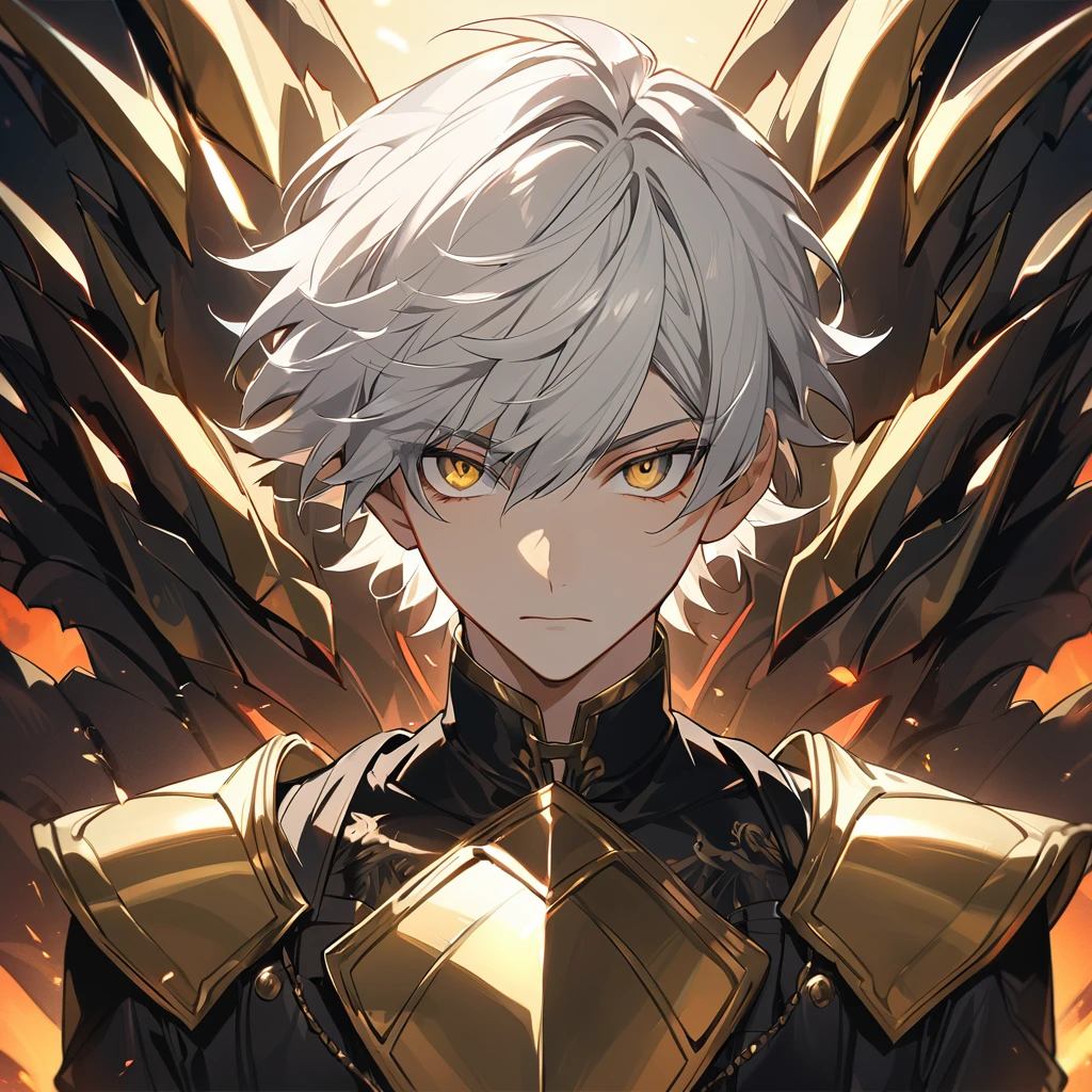 Handsome male, 1male, 17 years old, teenager, golden lining, short white hair, flat cut hair, sharp eyes, gold eyes, devil may cry, close up, calm expression, stoic, black leather clothes, black jacket, black gloves, upper body, looking at viewer, cowboy shot, black dragon background and golden armor, solo
