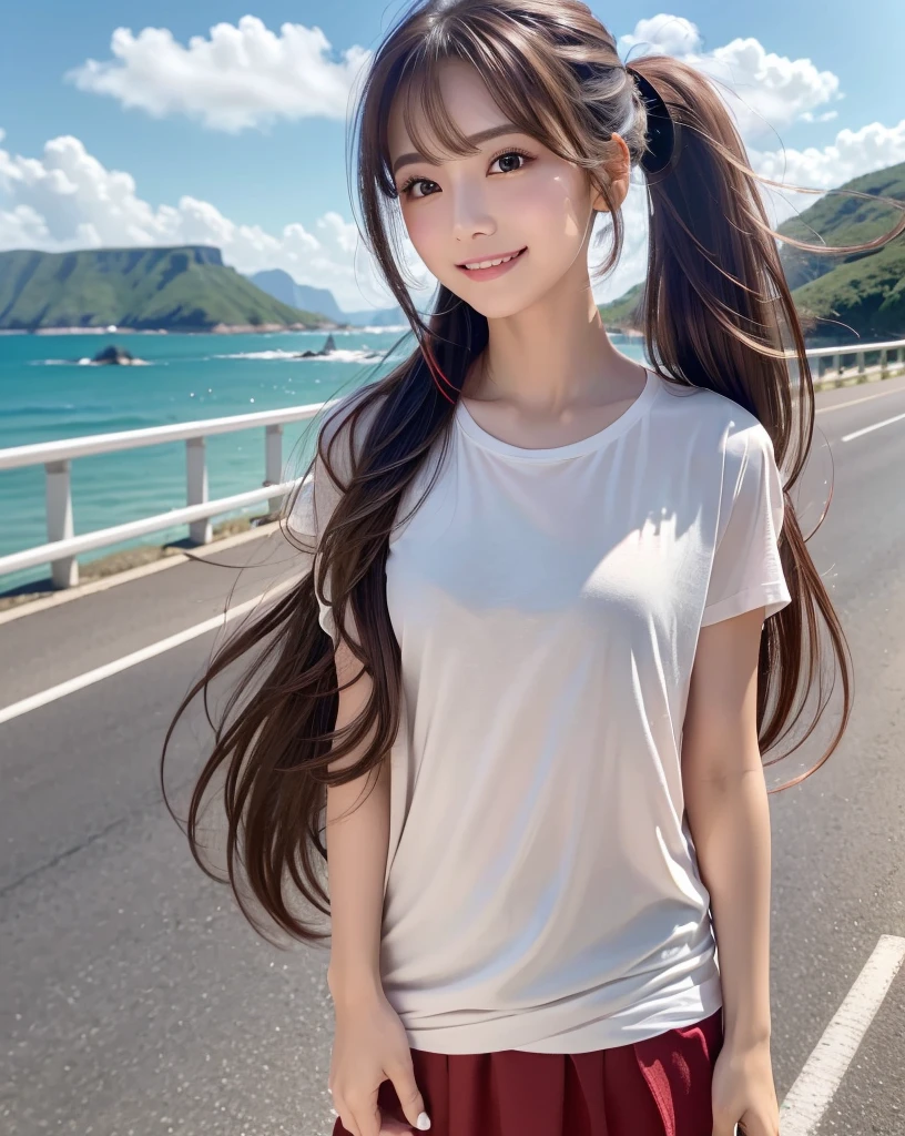 (Highest quality, 32k, High resolution, Masterpiece:1.5, ), marimo_jet, god々A photograph with brilliant dazzling and healing power., Evoking a sense of calm and elusive beauty, Expressing emotions, Have a rich imagination, The road to the horizon, Nostalgic scenery of youth, Beautiful Japanese Girls, An exceptionally beautiful face, Small Face Beauty, Perfect Human Anatomy, Magical big eyes, Motherhood and generosity, Deep Love, fleeting smile, ((Shiny brown hair:1.1)), ((A beautiful ponytail swaying in the wind)), Asymmetrical bangs, Hair between the eyes, Transparent, soft white skin, Sharp eyebrows, Thin lashes, Natural Makeup, Cheek highlighter, Pale pink detailed lips, (Oversized black t-shirt:1.3), High resolutionの美しい太もも, Beautiful legs, ((Walking the coastal highway:1.2)), ((The road to the horizon路)), Beautifully detailed skies, ((Shining in the morning sunlight)), Professional photographer, Professional Lighting, Professional models, God's Secret