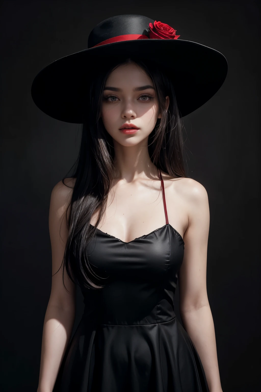 **Stylized digital illustration depicting a full-body, light-skinned woman, partially obscured by a large, elegant black hat adorned with a prominent red rose. Her hat has a wide brim with red trim, which casts a shadow over her eyes and adds an air of mystery. Her lips are painted a deep red, matching the rose, and she is wearing a black dress with bare shoulders and red details. The background is solid black, emphasizing the striking contrast of the red and black elements of the image. The overall composition is sophisticated and dramatic, with a focus on minimalism and bold color contrasts**