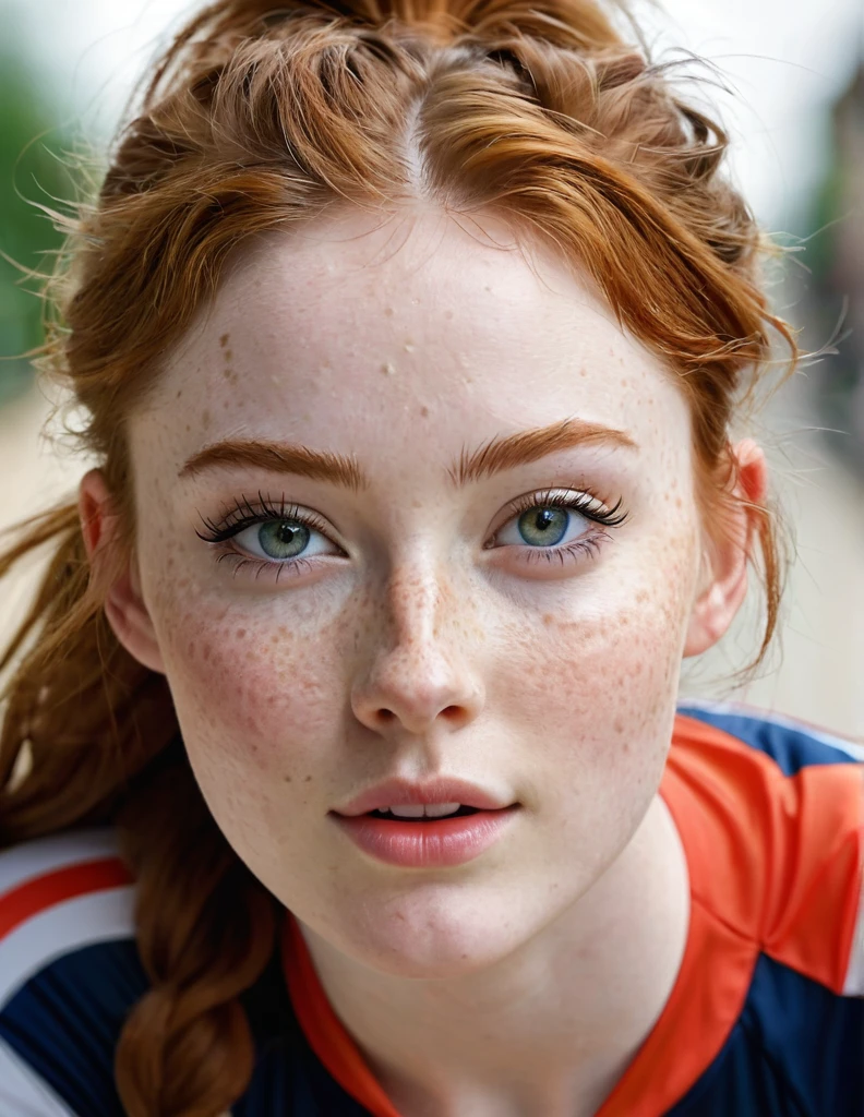 photography all body portrait of very beautiful realistic girl, huge breast, pointed nipples, riding sport bike, -yeld, polain skin, very fair skin, very pale skin, redhead, wavy, ponytail, detail freckles skin, hazel eyes, slanted eyes, small nose, small nostril, thick curved eyebrow, thick bottom lip, seductive gaze, happy face, unique face, wear jacket, detail photo, realistic photo, master piece picture, sharp picture, outdoor clear daylight