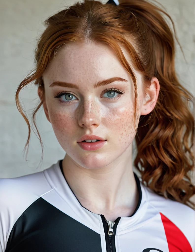 photography all body portrait of very beautiful realistic girl, huge breast, pointed nipples, riding sport bike, 15-years-old, porcelain skin, very fair skin, very pale skin, redhead, wavy, ponytail, detail freckles skin, hazel eyes, slanted eyes, small nose, small nostril, thick curved eyebrow, thick bottom lip, seductive gaze, happy face, unique face, wear jacket, detail photo, realistic photo, master piece picture, sharp picture, outdoor clear daylight