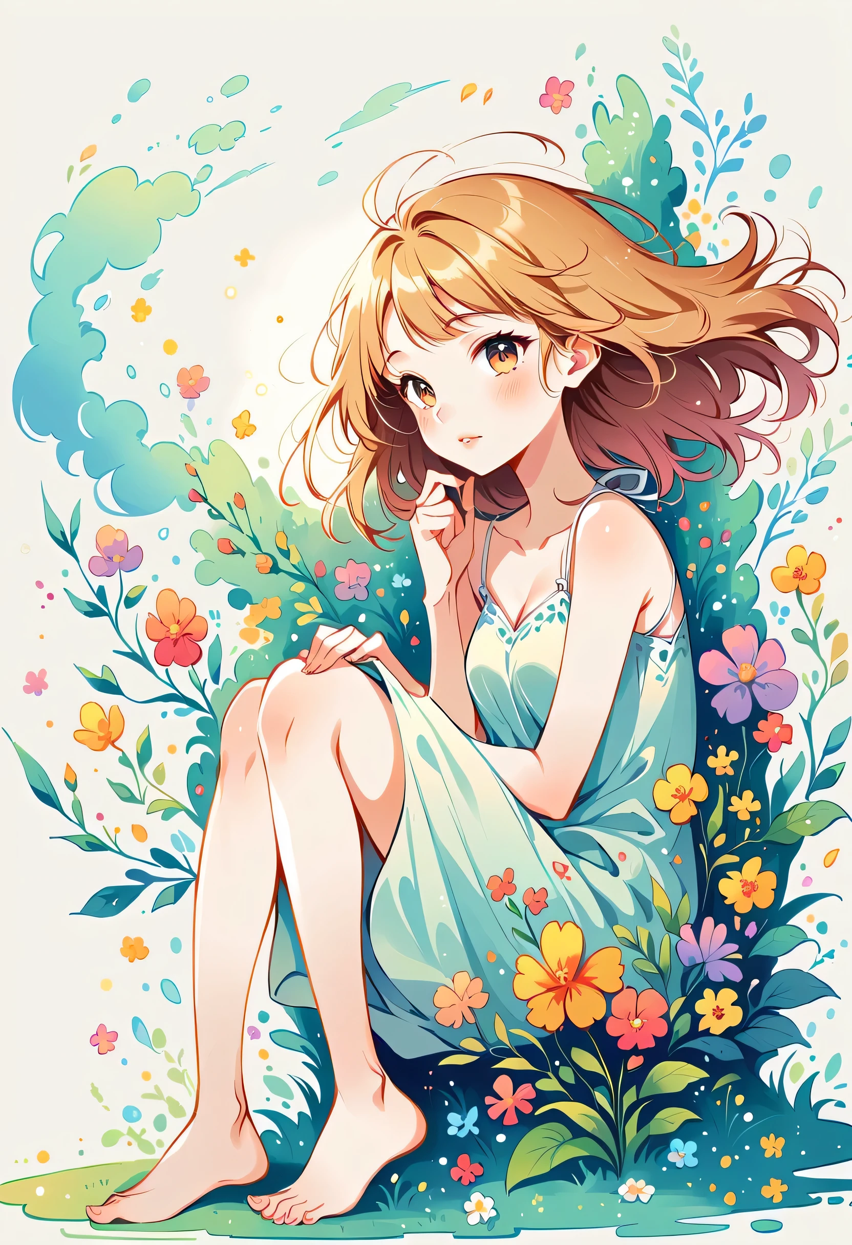 Watase Seizo style, Standing in front of a high wall，Simple Line Initialism，Abstract art，Urban Background, (((The most beautiful girl))), Lips in Love, sitting, hot summer