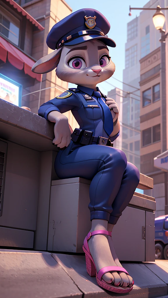 Furry female anthro, full body, 8k, film, masterpiece quality, semi realistic, high detail, big ass, short skinny police uniform,tie pink sandals, judy hopps, it's sitting,(best quality), 3d pixar style, side 1 female