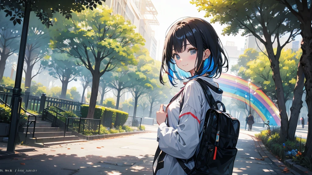 There is a girl in a park with a rainbow。Looking at me and smiling