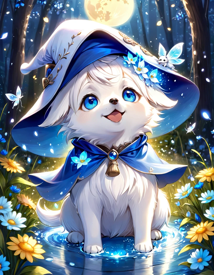 absurdres, highres, ultra detailed, HDR, master piece, small dog, white dog, expressive blue eyes, magical hat, cute, best quality, blue moon, flowers, fantasy, magical, solo, water, blue shining fireflies, blue petals, cape, the word "Krozseria" is written on the picture