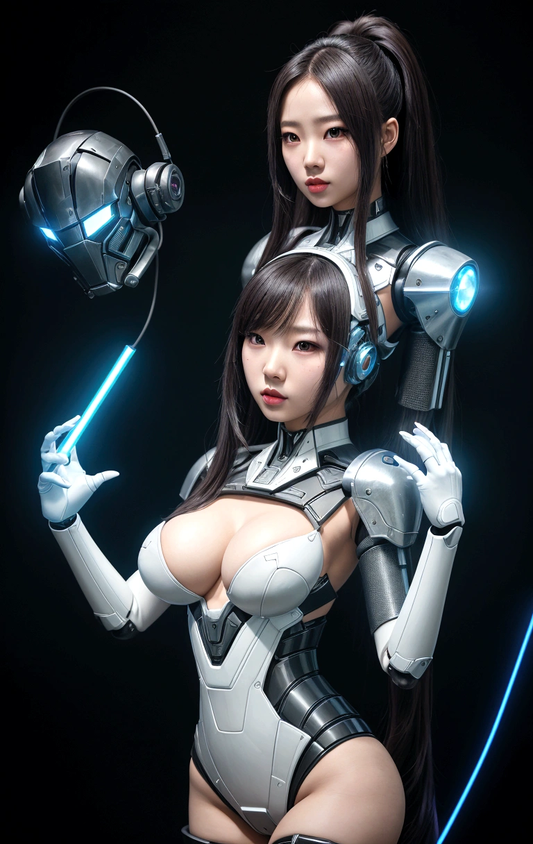 asian woman, standing, stop FRONT VIEW, tez blanca, korean, tits, futuristic clothing, modern outfit provided, NO DEFORMATIONS, beautiful, robot, cyborg, android, light, laser, League of Legends, splah art, sexy, the payment, chrome, Metal, FNAF, Animatronic, White y negro, shadows, contrast, linda, beauty, goddess, kpop, Twice, Blackpink, warframe, robots, EVERGLOW, Aespa, idol, star wars, steel, iron, Metal, the payment, Dark, lingerie, Dorado, gold, lights, trails, cables, wires, doll, doll, doll, haydee. neutral background, armor, haydee, hair without bangs, hair on the sides, long straight hair, hair without bangs, hair on the sides, White, White, oppai, big tits, big tits, throw, general, DIRECTOR, big breast. lights celestes, light blue lights.